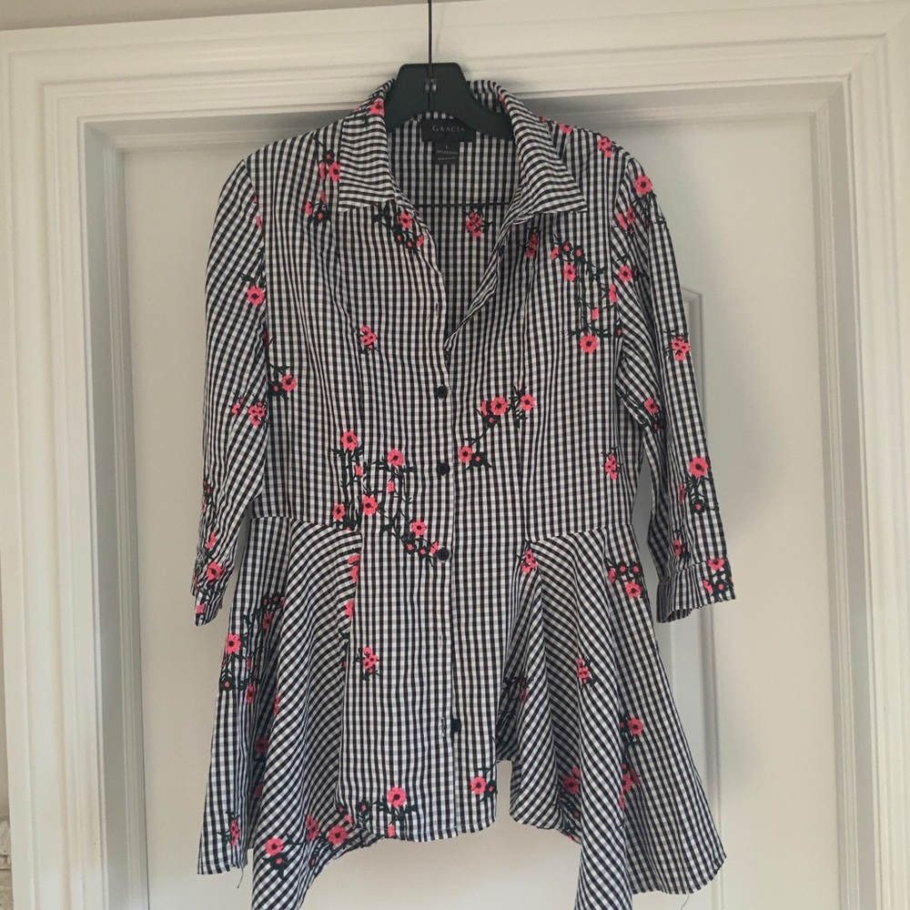 Gracia Black and White Gingham Floral Peplum Top Blouse